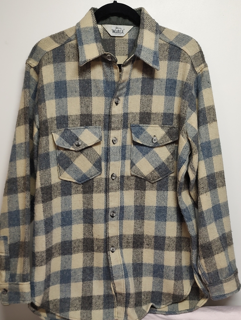 Vintage Woolrich Blue and Cream Plaid Wool-Blend Shirt